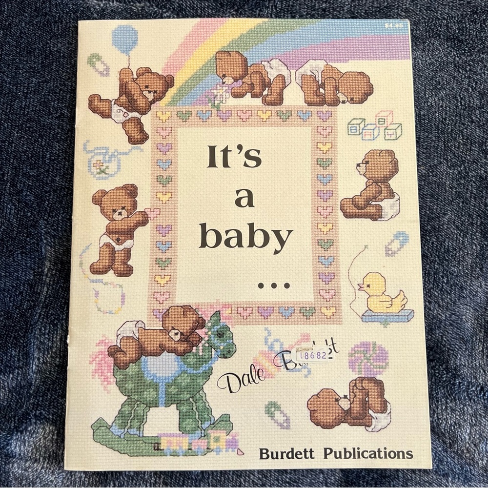 It's a baby Cross Stitch Pattern Book 18 Designs Teddy Bears Burdett 1984 Shower